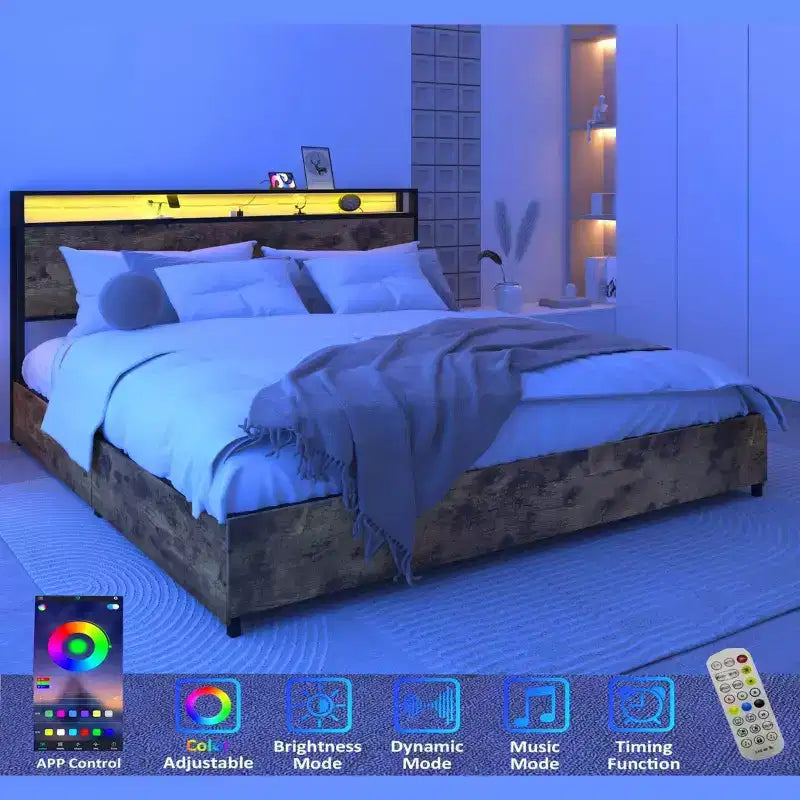Cadre de lit plateforme Okak Full/Queen/King avec tête de lit de rangement, lit avec station de recharge lumineuse LED, pas besoin de sommier tapissier, lattes métalliques silencieuses