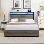 Cadre de lit plateforme Okak Full/Queen/King avec tête de lit de rangement, lit avec station de recharge lumineuse LED, pas besoin de sommier tapissier, lattes métalliques silencieuses