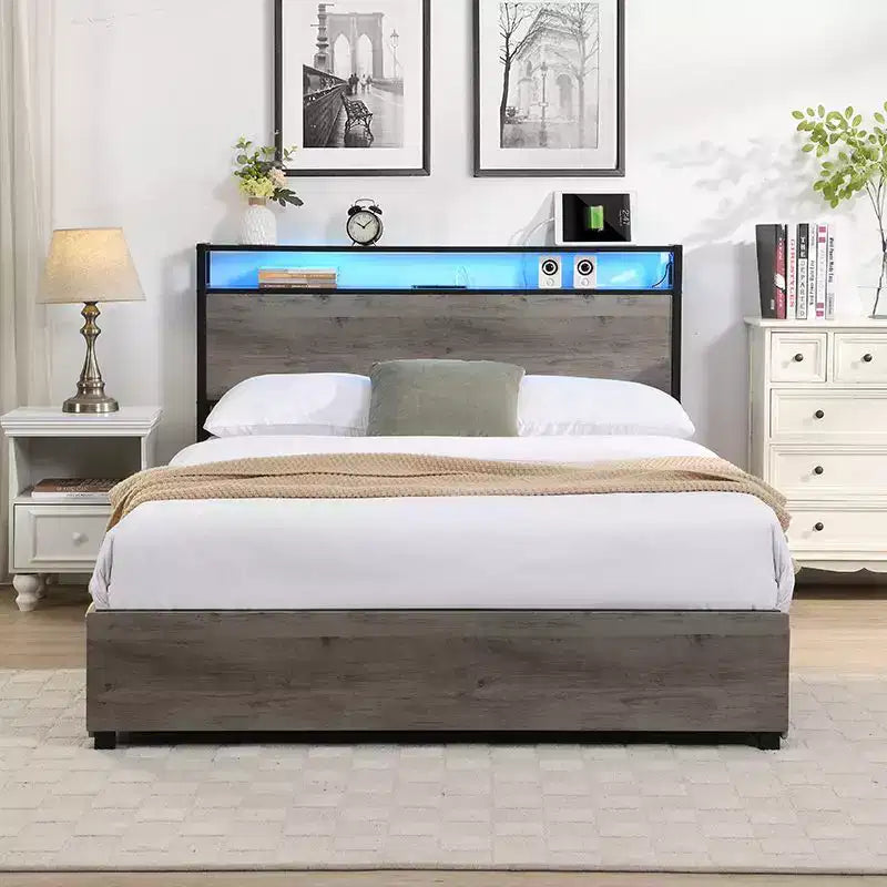 Cadre de lit plateforme Okak Full/Queen/King avec tête de lit de rangement, lit avec station de recharge lumineuse LED, pas besoin de sommier tapissier, lattes métalliques silencieuses