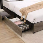Cadre de lit plateforme Okak Full/Queen/King avec tête de lit de rangement, lit avec station de recharge lumineuse LED, pas besoin de sommier tapissier, lattes métalliques silencieuses