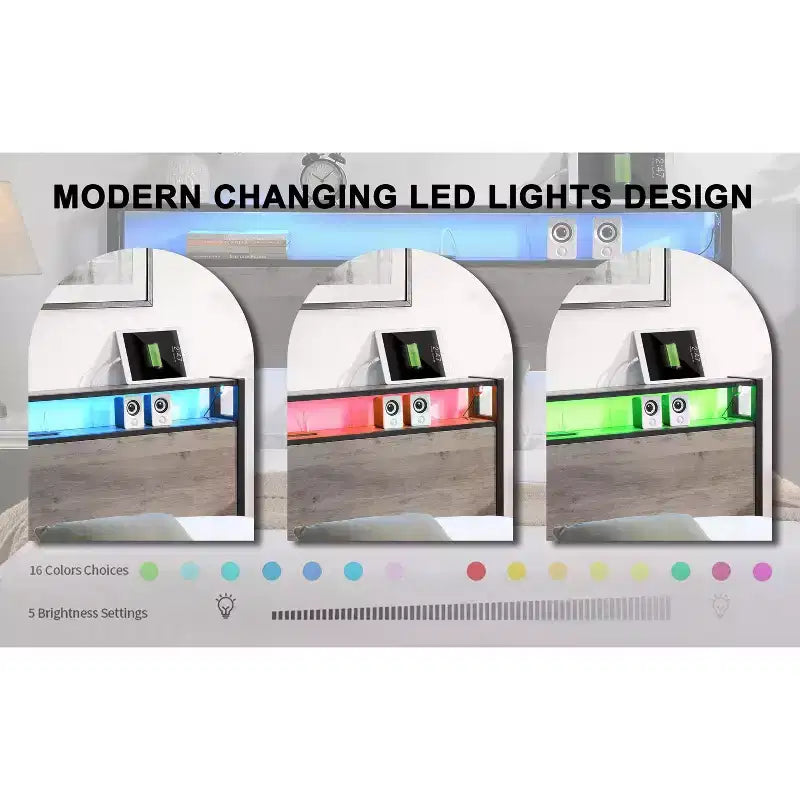 Cadre de lit plateforme Okak Full/Queen/King avec tête de lit de rangement, lit avec station de recharge lumineuse LED, pas besoin de sommier tapissier, lattes métalliques silencieuses