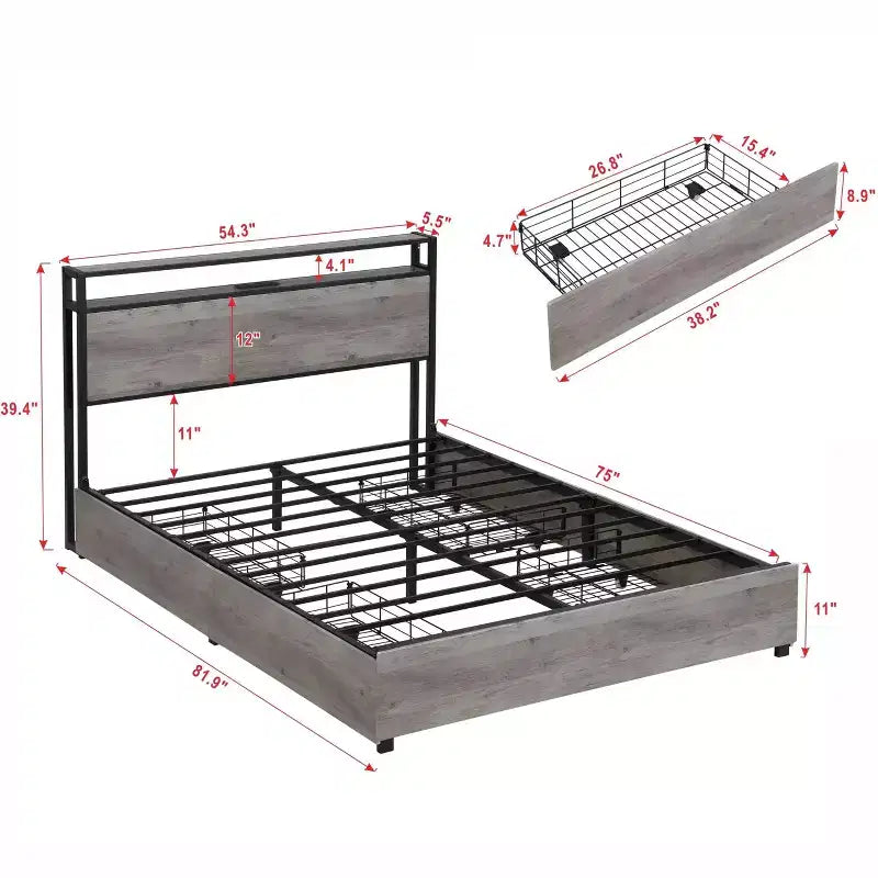 Cadre de lit plateforme Okak Full/Queen/King avec tête de lit de rangement, lit avec station de recharge lumineuse LED, pas besoin de sommier tapissier, lattes métalliques silencieuses
