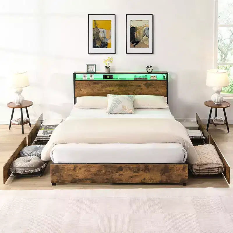 Cadre de lit plateforme Okak Full/Queen/King avec tête de lit de rangement, lit avec station de recharge lumineuse LED, pas besoin de sommier tapissier, lattes métalliques silencieuses