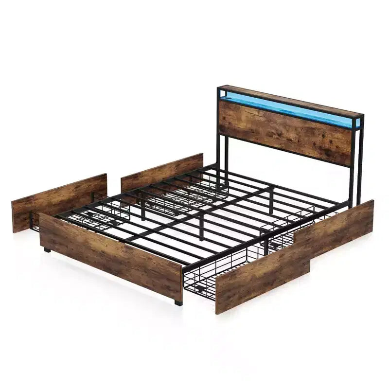 Cadre de lit plateforme Okak Full/Queen/King avec tête de lit de rangement, lit avec station de recharge lumineuse LED, pas besoin de sommier tapissier, lattes métalliques silencieuses