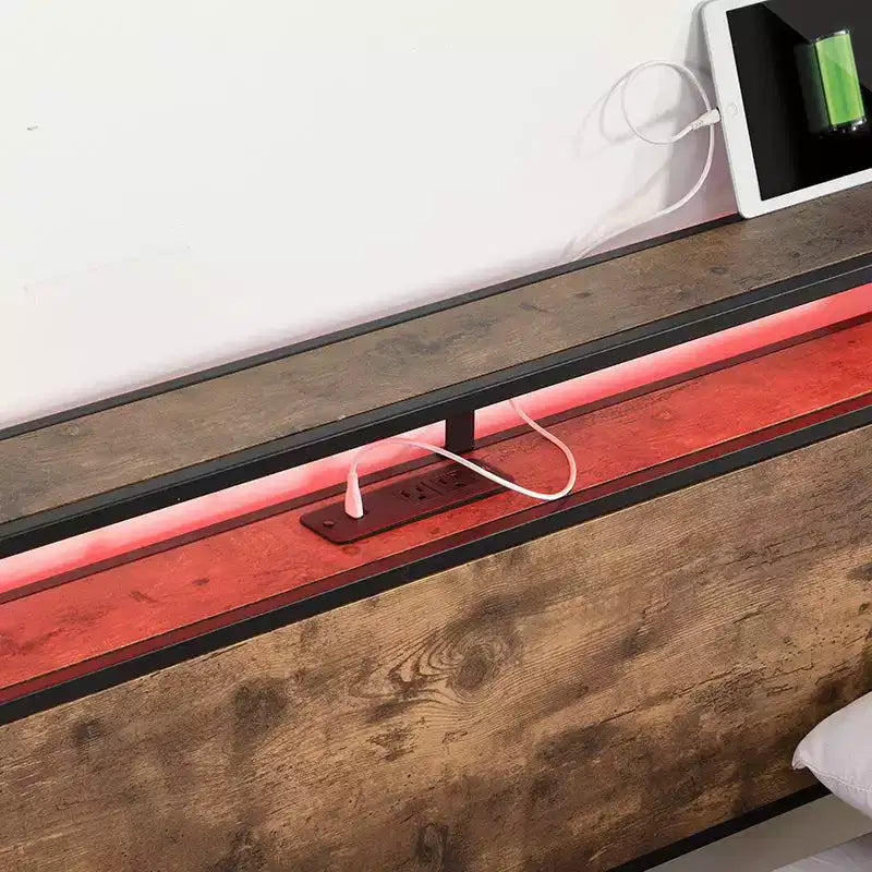 Cadre de lit plateforme Okak Full/Queen/King avec tête de lit de rangement, lit avec station de recharge lumineuse LED, pas besoin de sommier tapissier, lattes métalliques silencieuses