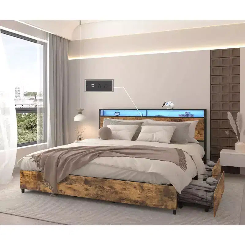 Cadre de lit plateforme Okak Full/Queen/King avec tête de lit de rangement, lit avec station de recharge lumineuse LED, pas besoin de sommier tapissier, lattes métalliques silencieuses