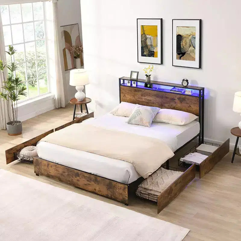 Cadre de lit plateforme Okak Full/Queen/King avec tête de lit de rangement, lit avec station de recharge lumineuse LED, pas besoin de sommier tapissier, lattes métalliques silencieuses
