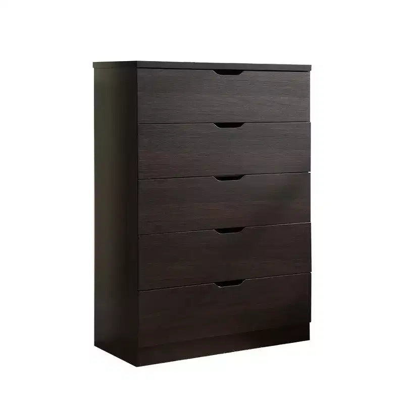 Commode de chambre à coucher rétro Okak avec 5 tiroirs en similicuir grain de bois, meuble de rangement avec glissières métalliques pour salon, couloir, entrée