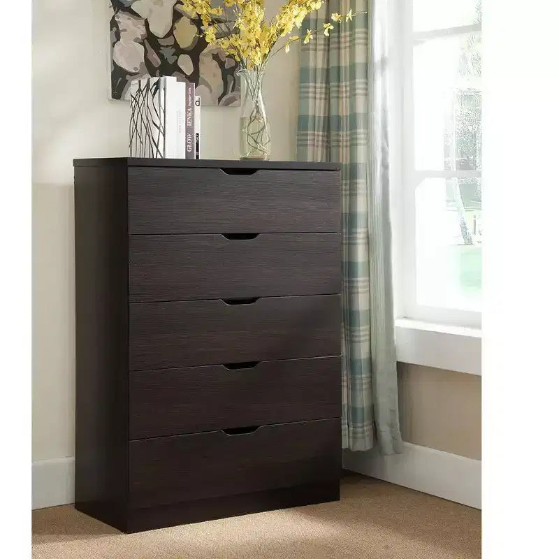 Commode de chambre à coucher rétro Okak avec 5 tiroirs en similicuir grain de bois, meuble de rangement avec glissières métalliques pour salon, couloir, entrée