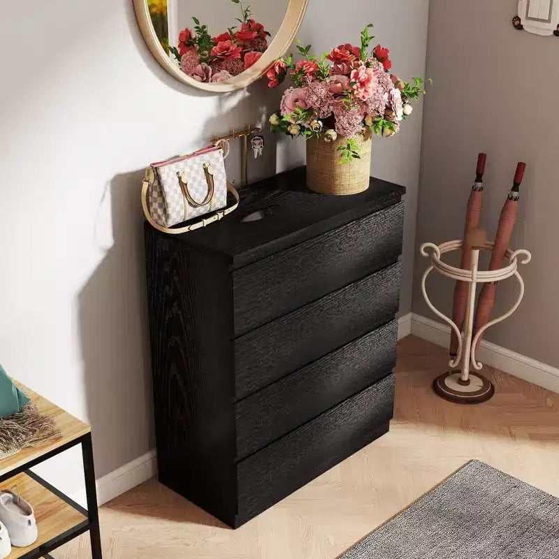 Commode de chambre à coucher rétro Okak avec 5 tiroirs en similicuir grain de bois, meuble de rangement avec glissières métalliques pour salon, couloir, entrée