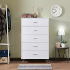 Commode de chambre à coucher rétro Okak avec 5 tiroirs en similicuir grain de bois, meuble de rangement avec glissières métalliques pour salon, couloir, entrée
