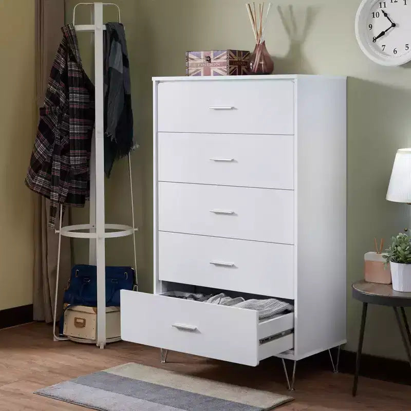 Commode de chambre à coucher rétro Okak avec 5 tiroirs en similicuir grain de bois, meuble de rangement avec glissières métalliques pour salon, couloir, entrée