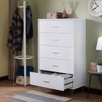 Commode de chambre à coucher rétro Okak avec 5 tiroirs en similicuir grain de bois, meuble de rangement avec glissières métalliques pour salon, couloir, entrée