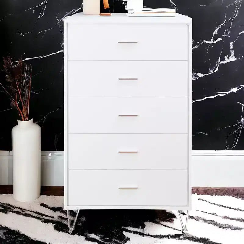 Commode de chambre à coucher rétro Okak avec 5 tiroirs en similicuir grain de bois, meuble de rangement avec glissières métalliques pour salon, couloir, entrée