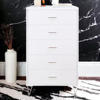 Commode de chambre à coucher rétro Okak avec 5 tiroirs en similicuir grain de bois, meuble de rangement avec glissières métalliques pour salon, couloir, entrée