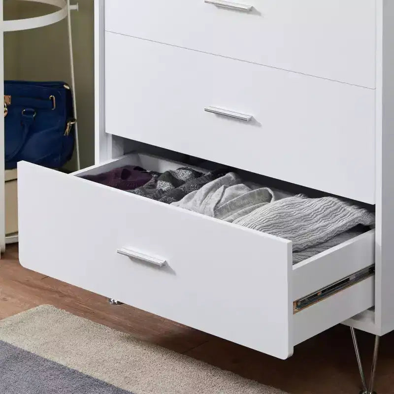 Commode de chambre à coucher rétro Okak avec 5 tiroirs en similicuir grain de bois, meuble de rangement avec glissières métalliques pour salon, couloir, entrée