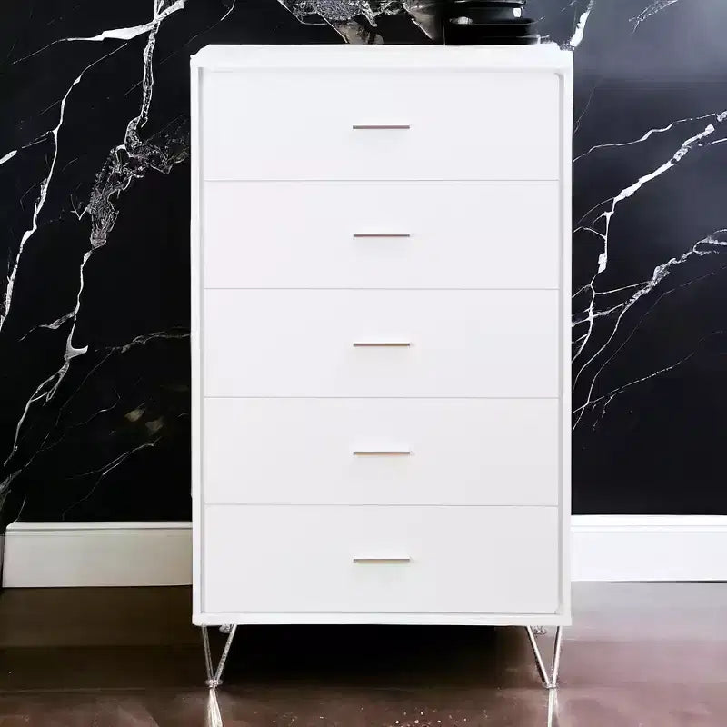 Commode de chambre à coucher rétro Okak avec 5 tiroirs en similicuir grain de bois, meuble de rangement avec glissières métalliques pour salon, couloir, entrée
