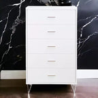 Commode de chambre à coucher rétro Okak avec 5 tiroirs en similicuir grain de bois, meuble de rangement avec glissières métalliques pour salon, couloir, entrée