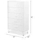Commode de chambre à coucher rétro Okak avec 5 tiroirs en similicuir grain de bois, meuble de rangement avec glissières métalliques pour salon, couloir, entrée