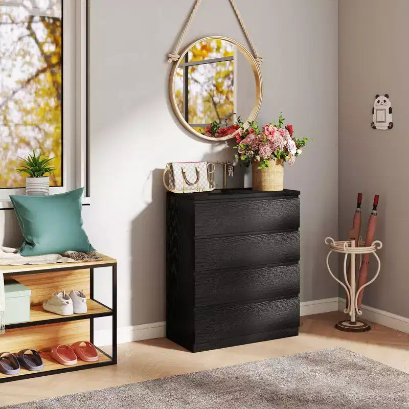 Commode de chambre à coucher rétro Okak avec 5 tiroirs en similicuir grain de bois, meuble de rangement avec glissières métalliques pour salon, couloir, entrée