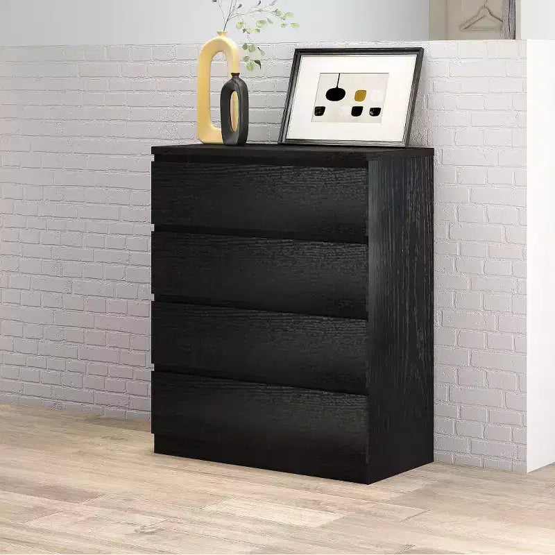 Commode de chambre à coucher rétro Okak avec 5 tiroirs en similicuir grain de bois, meuble de rangement avec glissières métalliques pour salon, couloir, entrée