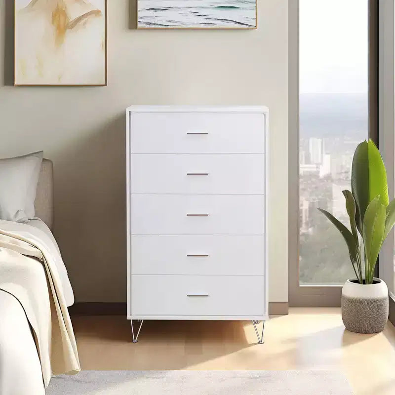 Commode de chambre à coucher rétro Okak avec 5 tiroirs en similicuir grain de bois, meuble de rangement avec glissières métalliques pour salon, couloir, entrée