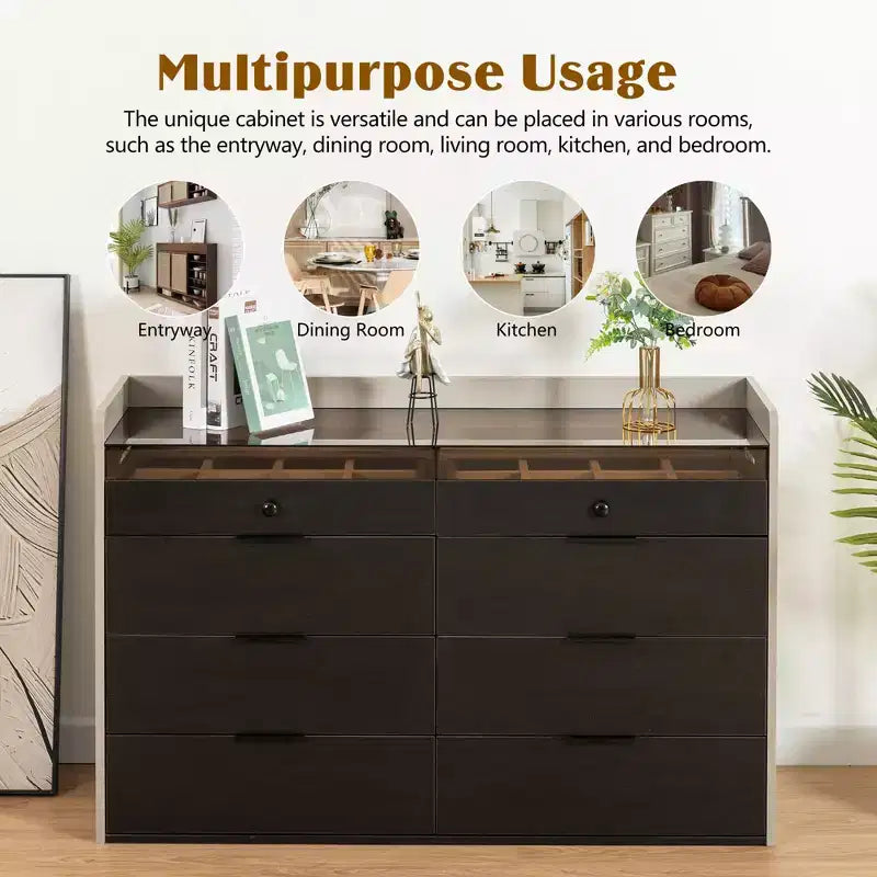 Coiffeuse Okak Bluetooth LED avec commande par application, buffet de rangement en verre trempé et coins arrondis sécurisés pour les enfants, télécommande tactile pour chambre à coucher