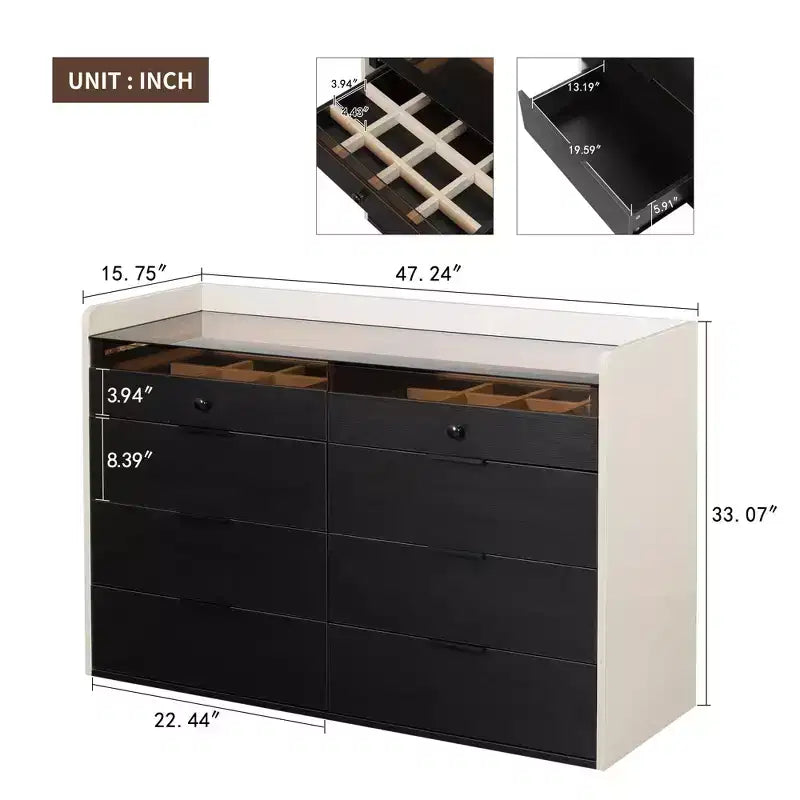 Coiffeuse Okak Bluetooth LED avec commande par application, buffet de rangement en verre trempé et coins arrondis sécurisés pour les enfants, télécommande tactile pour chambre à coucher