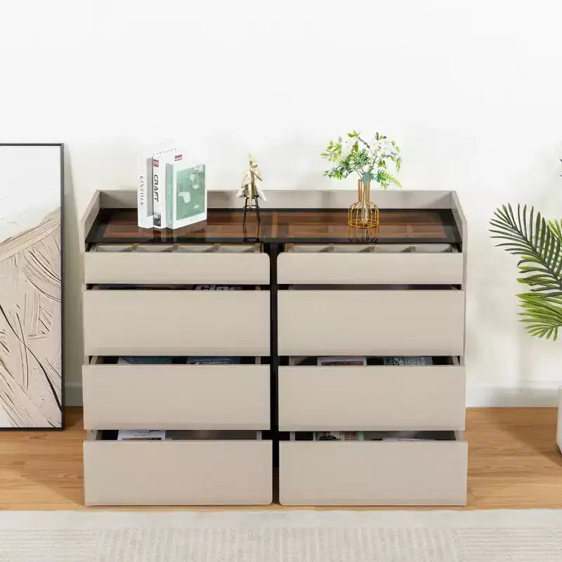 Coiffeuse Okak Bluetooth LED avec commande par application, buffet de rangement en verre trempé et coins arrondis sécurisés pour les enfants, télécommande tactile pour chambre à coucher