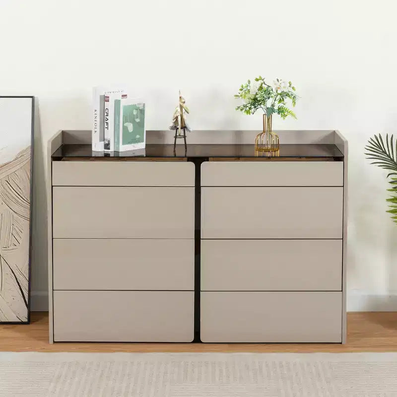 Coiffeuse Okak Bluetooth LED avec commande par application, buffet de rangement en verre trempé et coins arrondis sécurisés pour les enfants, télécommande tactile pour chambre à coucher