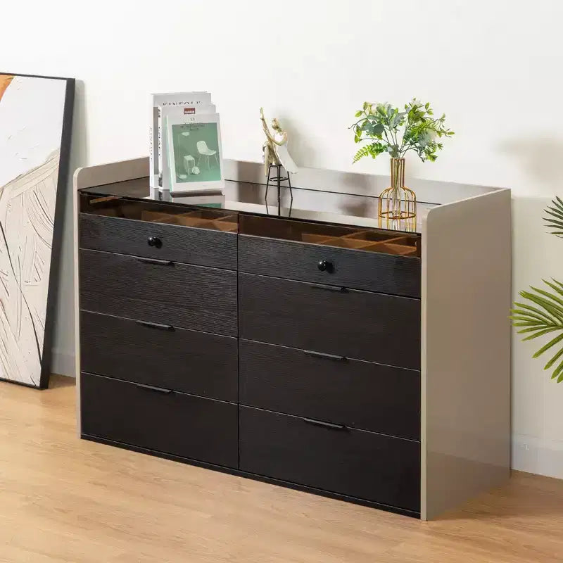 Coiffeuse Okak Bluetooth LED avec commande par application, buffet de rangement en verre trempé et coins arrondis sécurisés pour les enfants, télécommande tactile pour chambre à coucher