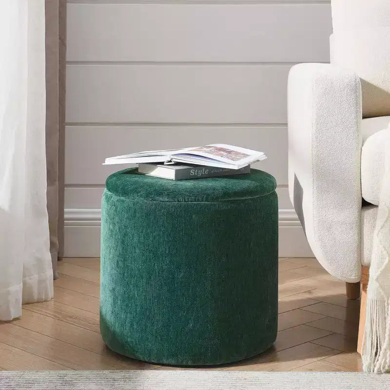 Okak Pouf de rangement rond en chenille 2 pièces, table basse avec panneau de bureau, petit tabouret repose-pieds en forme de tambour pour salon et chambre
