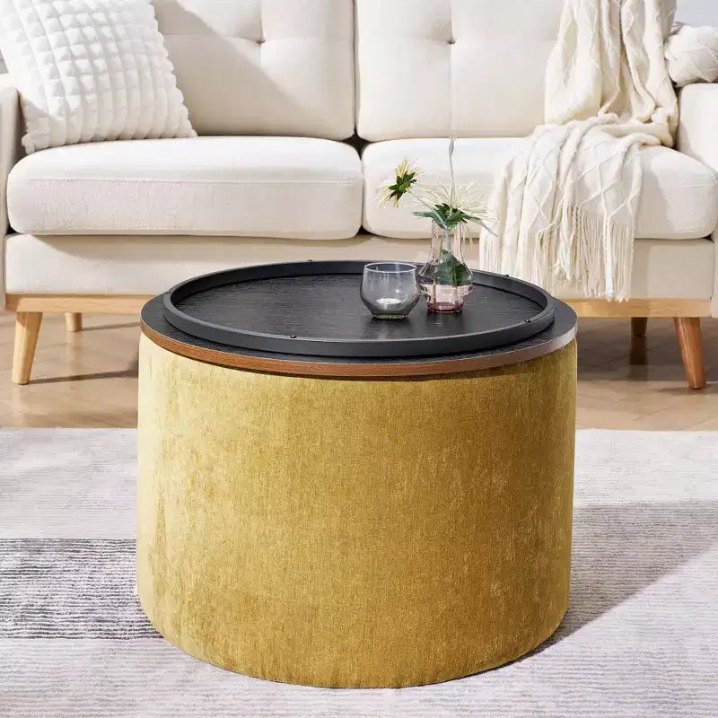 Okak Pouf de rangement rond en chenille 2 pièces, table basse avec panneau de bureau, petit tabouret repose-pieds en forme de tambour pour salon et chambre