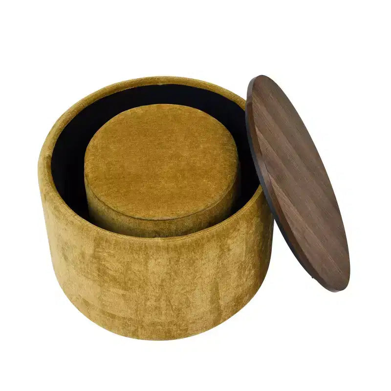 Okak Pouf de rangement rond en chenille 2 pièces, table basse avec panneau de bureau, petit tabouret repose-pieds en forme de tambour pour salon et chambre