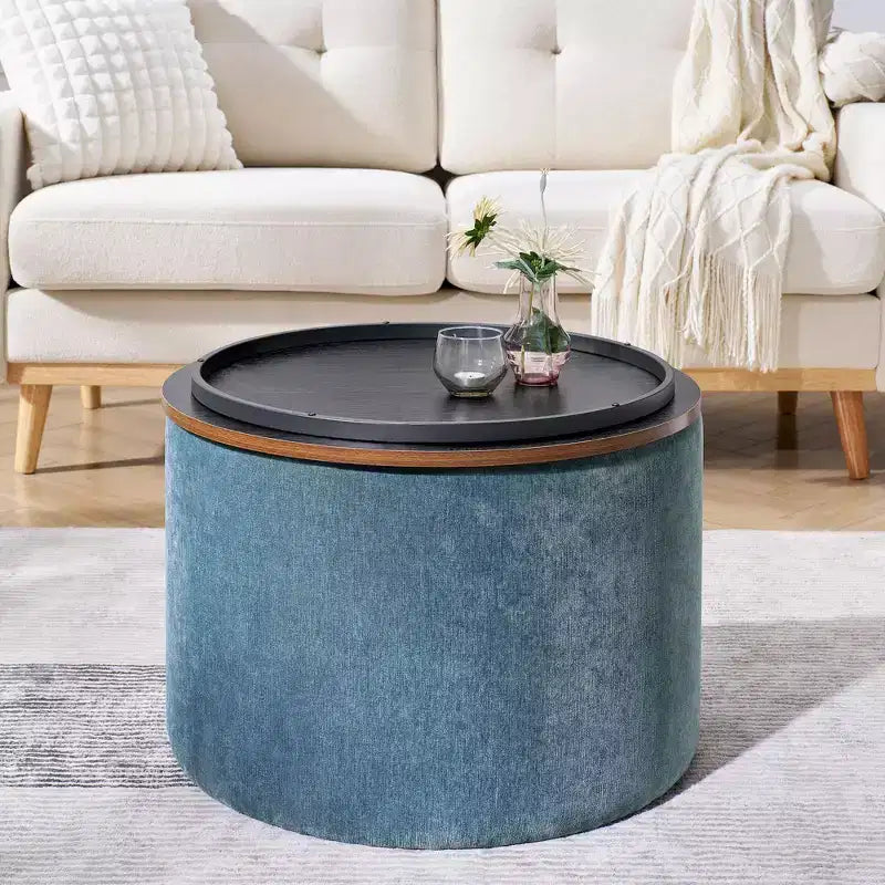 Okak Pouf de rangement rond en chenille 2 pièces, table basse avec panneau de bureau, petit tabouret repose-pieds en forme de tambour pour salon et chambre