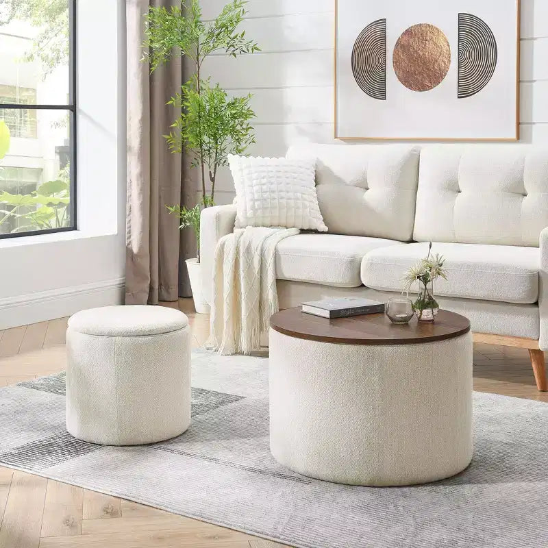 Okak Pouf de rangement rond en chenille 2 pièces, table basse avec panneau de bureau, petit tabouret repose-pieds en forme de tambour pour salon et chambre