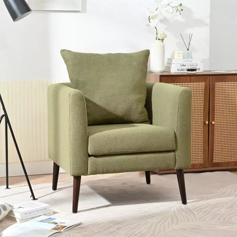 Fauteuil d'appoint en tissu Okak, chaise de lecture pour salon avec revêtement doux et oreiller, fauteuil avec pieds en bois massif pour salon ou chambre à coucher.