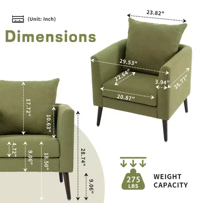 Fauteuil d'appoint en tissu Okak, chaise de lecture pour salon avec revêtement doux et oreiller, fauteuil avec pieds en bois massif pour salon ou chambre à coucher.