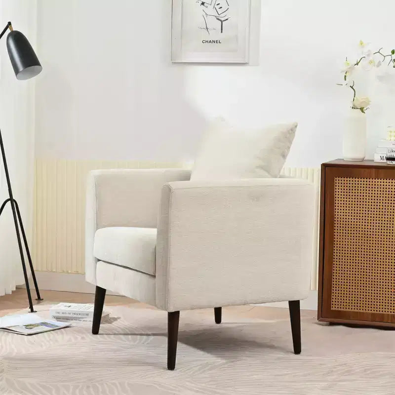 Fauteuil d'appoint en tissu Okak, chaise de lecture pour salon avec revêtement doux et oreiller, fauteuil avec pieds en bois massif pour salon ou chambre à coucher.