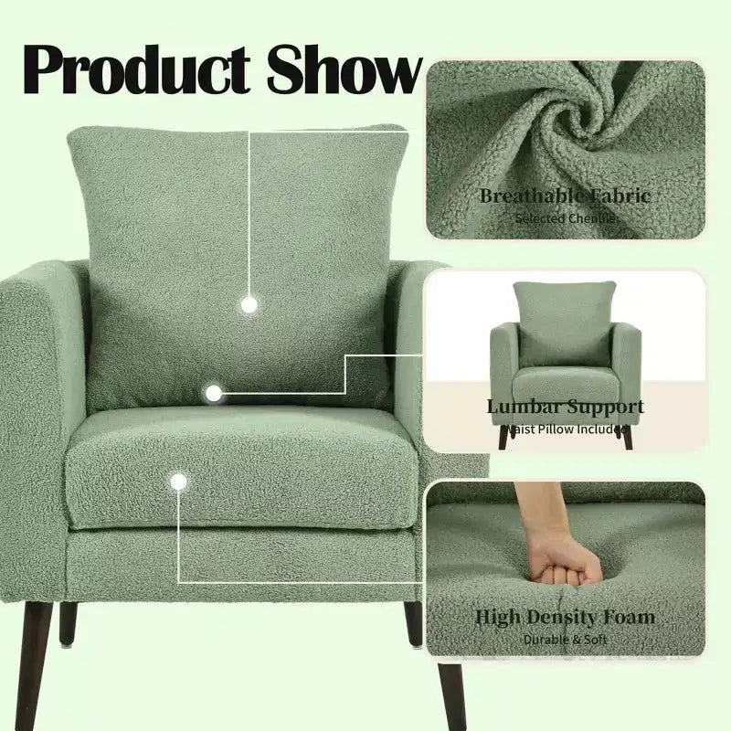 Fauteuil d'appoint en tissu Okak, chaise de lecture pour salon avec revêtement doux et oreiller, fauteuil avec pieds en bois massif pour salon ou chambre à coucher.