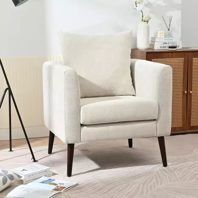 Fauteuil d'appoint en tissu Okak, chaise de lecture pour salon avec revêtement doux et oreiller, fauteuil avec pieds en bois massif pour salon ou chambre à coucher.