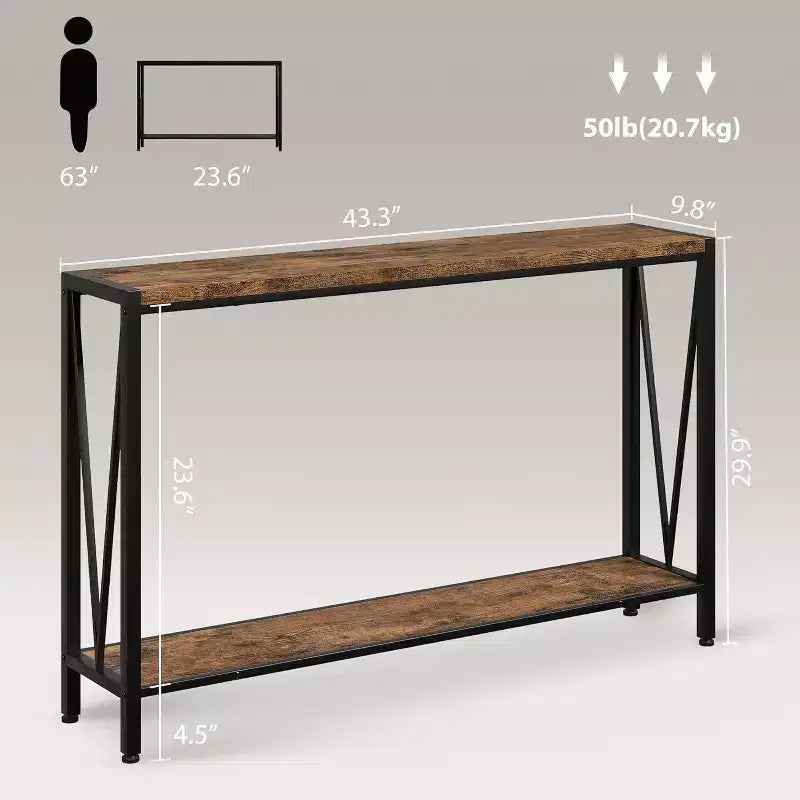 Table console de 109 cm, design en V, table d'entrée à 2 niveaux avec rangement, table console industrielle pour entrée, salon