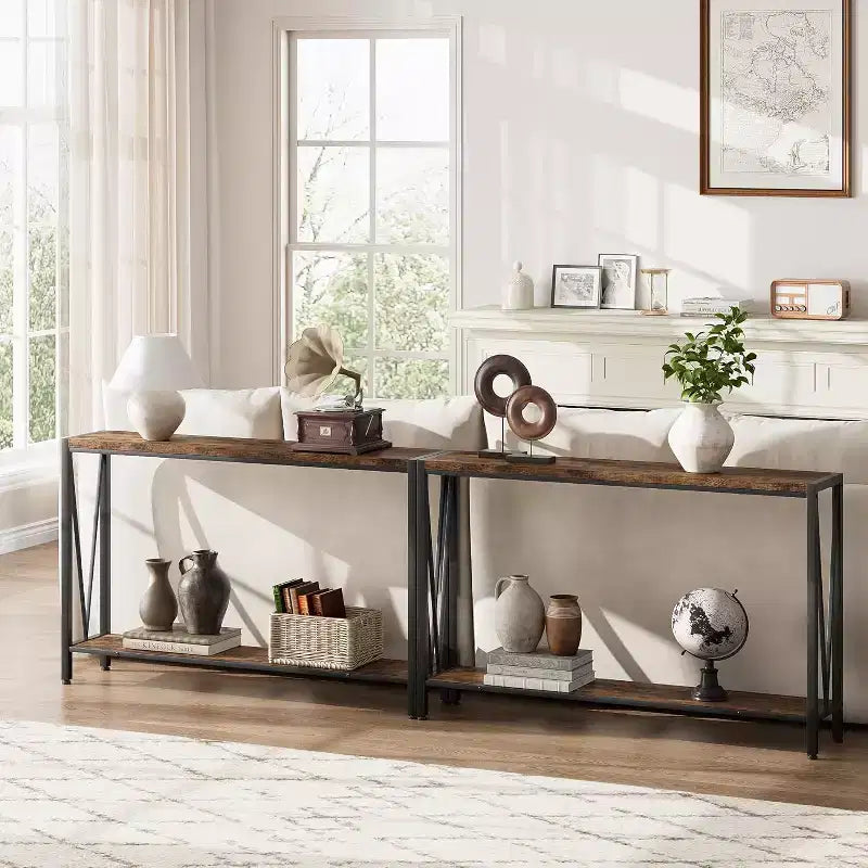 Table console de 109 cm, design en V, table d'entrée à 2 niveaux avec rangement, table console industrielle pour entrée, salon
