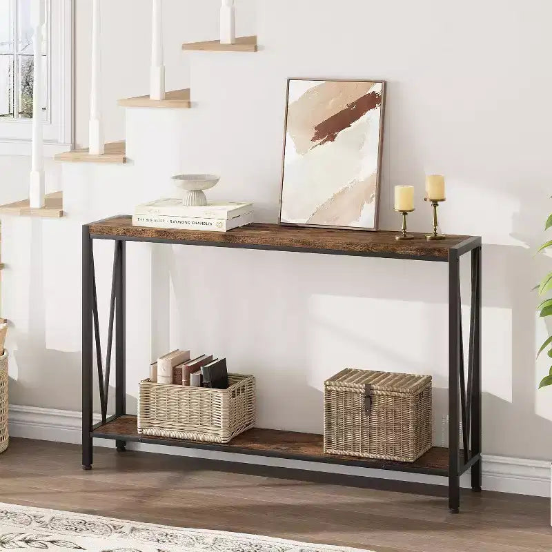 Table console de 109 cm, design en V, table d'entrée à 2 niveaux avec rangement, table console industrielle pour entrée, salon