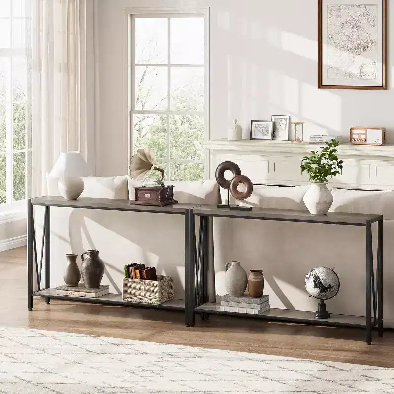Table console de 109 cm, design en V, table d'entrée à 2 niveaux avec rangement, table console industrielle pour entrée, salon