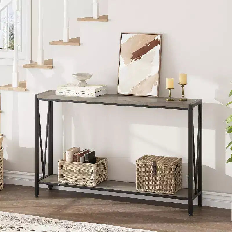 Table console de 109 cm, design en V, table d'entrée à 2 niveaux avec rangement, table console industrielle pour entrée, salon