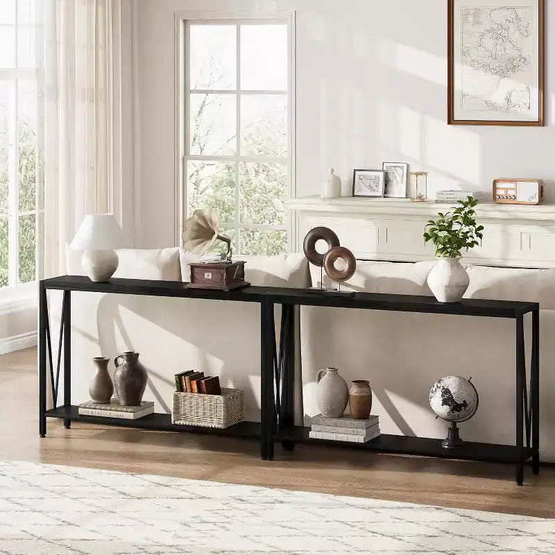 Table console de 109 cm, design en V, table d'entrée à 2 niveaux avec rangement, table console industrielle pour entrée, salon
