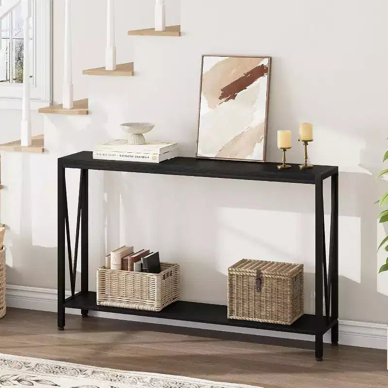 Table console de 109 cm, design en V, table d'entrée à 2 niveaux avec rangement, table console industrielle pour entrée, salon
