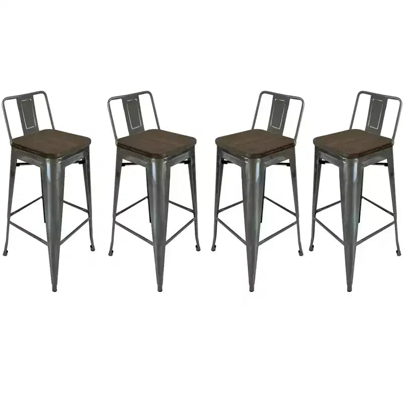 HomeRoots Set of Four 30 Brown and Gray Solid Wood and Metal Low Back Bar Height Bar Chairs