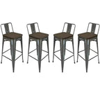 HomeRoots Set of Four 30 Brown and Gray Solid Wood and Metal Low Back Bar Height Bar Chairs